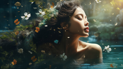 serene Asian woman surrounded by nature, embodying tranquility and harmony - obrazy, fototapety, plakaty