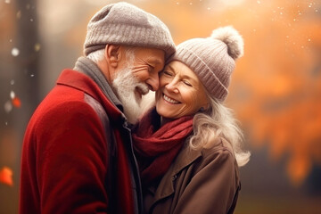 Obraz premium An elderly couple, a man and a woman, hugging in an autumn park. They look at each other with a loving gaze. Old people on a walk. Relationships in old age. Love and romance.