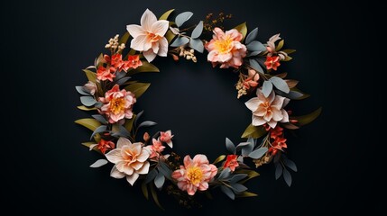 Wreath made of blooms and clears out is on a dull foundation