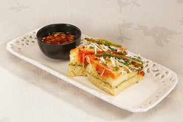 Appetizer, Breakfast, Cake, Chana Dal, Chutney, Dhokla, Eatable, Food, Green, Garnish, Gujarati, Indian Snack, Homemade, Indian, Khaman, Pieces, Snack, Soft, Spicy, Spongy, Steamed, Yellow, Puffy, Len