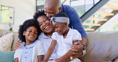 Happy family, children and hug on sofa in living room for bond, embrace and together. Black man,...