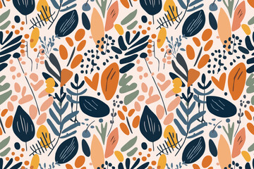 Natural hand drawn seamless pattern drawing with abstract shapes, strokes, flowers and leaves. Simple illustrated modern style. Vector art banner ot seamless pattern. - obrazy, fototapety, plakaty