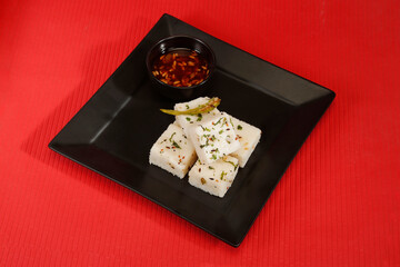 Appetizer, Breakfast, Cake, Chana Dal, Chutney, Dhokla, Eatable, Food, Green, Garnish, Gujarati, Indian Snack, Homemade, Indian, Khaman, Pieces, Snack, Soft, Spicy, Spongy, Steamed, Yellow, Puffy, Len