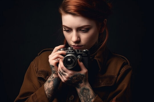 Generative AI image of an urban tattooed redhead girl photographer