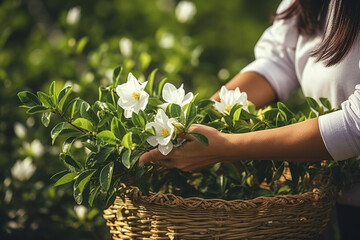 A gardener is putting jasmine in a basket in the garden
