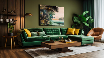 Living room with green couch and coffee table
