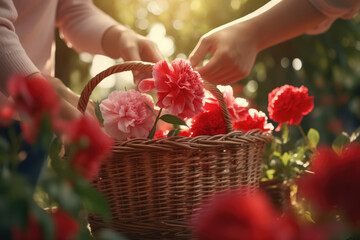 A gardener is putting rose in a basket in the garden