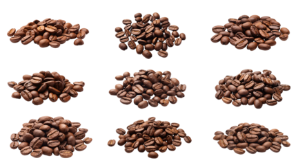 Collection of PNG. Coffee beans isolated on a transparent background.