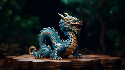 Wooden dragon statues, symbol of Happy Chinese New Year 2024 Chinese astrology, horoscope 2024 sign