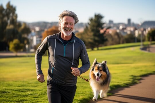 Senior Man Jogging In The Park With Her Dog, Sheltie