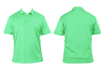 Blank clothing for design. Light green polo shirt, clothing on isolated white background, front and back view, isolated white, plain t-shirt.