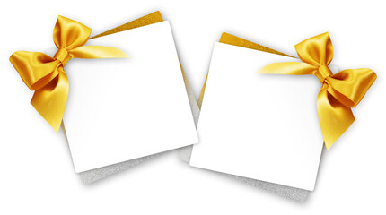 gift greeting card with golden bright ribbon bow Isolated on transparent background, top view, copy...