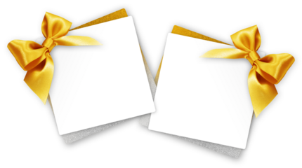 gift greeting card with golden bright ribbon bow Isolated on transparent background, top view, copy space for label price ticket, Christmas, mother or father and valentine day, or shopping template