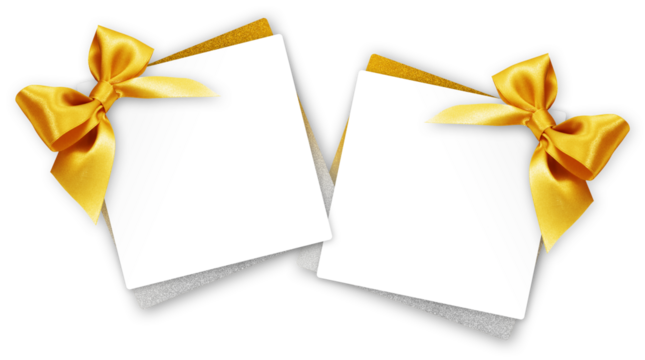 gift greeting card with golden bright ribbon bow Isolated on transparent background, top view, copy space for label price ticket, Christmas, mother or father and valentine day, or shopping template