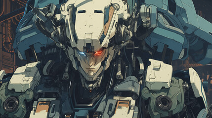 A huge mech anime style with a human face