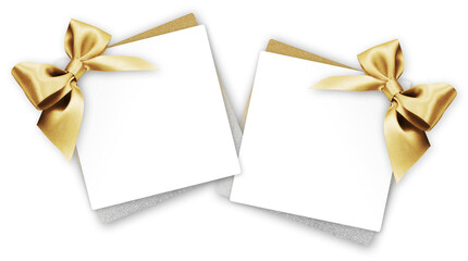 gift greeting card with golden bright ribbon bow Isolated on transparent background, top view, copy...