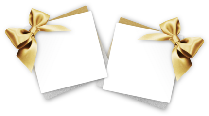 gift greeting card with golden bright ribbon bow Isolated on transparent background, top view, copy space for label price ticket, Christmas, mother or father and valentine day, or shopping template