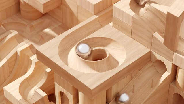 Satisfying Wooden Marble Run Toy Video. Marble Machine with Wooden Blocks and Warm Lighting. Vintage Rolling Ball Sculpture. 3D Rendering
