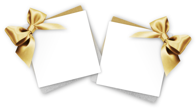 gift greeting card with golden bright ribbon bow Isolated on transparent background, top view, copy space for label price ticket, Christmas, mother or father and valentine day, or shopping template