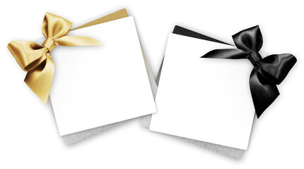 gift greeting card with black and golden bright ribbon bow Isolated on background, top view, copy space for label price ticket, Christmas and black Friday shopping or father's day present template