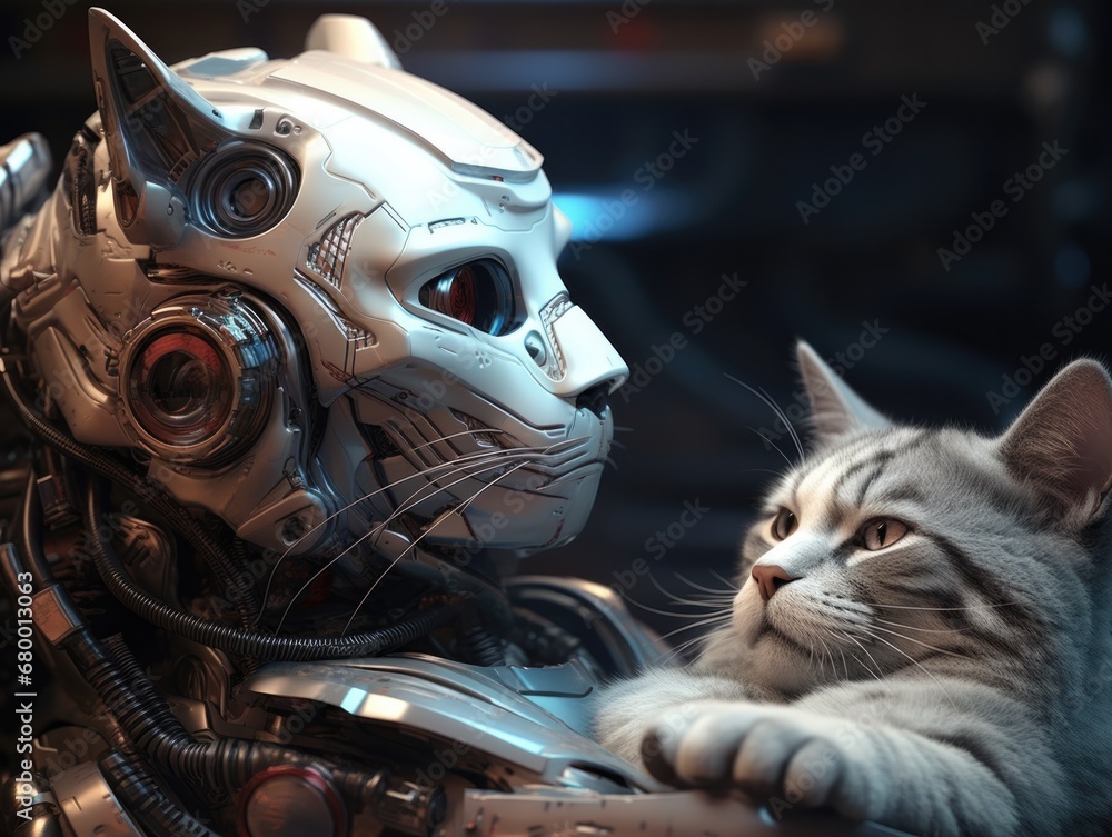 Aufkleber a cat is on a robot. generative ai.