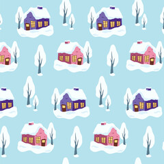 houses and trees pattern. Children's pattern, print for wrapping paper, bedding