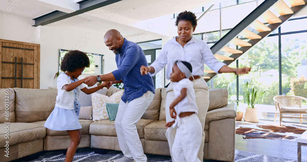 Poster Black family, parents and children with dancing in living room for love, relax and bonding with music and movement. People, man or women with having fun, dancer and teaching steps in lounge of house