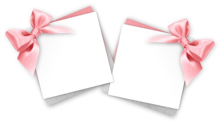 gift greeting card with pink bright ribbon bow Isolated on transparent background, top view, copy space for label price ticket, Christmas and Easter shopping or mother's day present template
