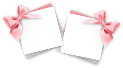 gift greeting card with pink bright ribbon bow Isolated on transparent background, top view, copy space for label price ticket, Christmas and Easter shopping or mother's day present template