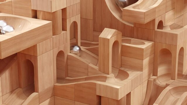 Satisfying Wooden Marble Run Toy Video. Marble Machine with Wooden Blocks and Warm Lighting. Vintage Rolling Ball Sculpture. 3D Rendering
