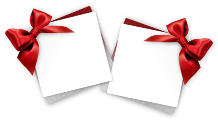 gift greeting card with red bright ribbon bow Isolated on transparent background, top view, copy space for label price ticket, Merry Christmas, mother or valentine's day shopping or advertising banner