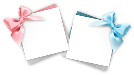gift greeting card with pink and blue bright ribbon bow Isolated on transparent background, top...