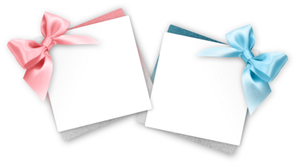 gift greeting card with pink and blue bright ribbon bow Isolated on transparent background, top view, copy space for label price ticket, Christmas and Easter shopping or mother's day present template