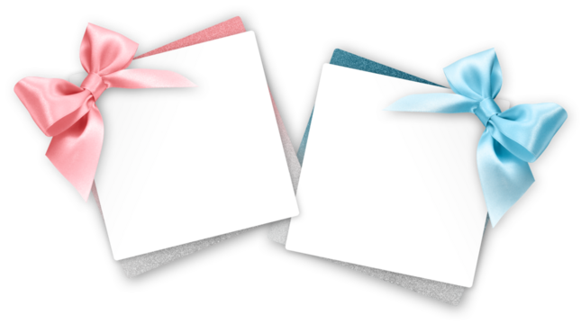 gift greeting card with pink and blue bright ribbon bow Isolated on transparent background, top view, copy space for label price ticket, Christmas and Easter shopping or mother's day present template - Powered by Adobe