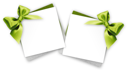 gift greeting card with green bright ribbon bow Isolated on transparent background, top view, copy space for label price ticket, Christmas and Easter shopping or St. Patrick day present template