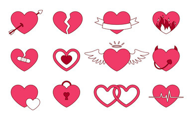 Love heart icon saint valentine day y2k aesthetic doodle outline flat set. Pink enchanted lock angel broken heart devil wedding amur cupid arrow pulse ribbon congrats pendant patch reconcile isolated