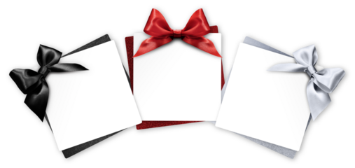 gift greeting card with red, black and silver bright ribbon bow, top view, copy space for label price ticket, Merry Christmas, mother, father or valentine's day shopping or advertising banner