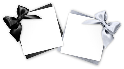 gift greeting card with silver and black bright ribbon bow Isolated on background, top view, copy space for label price ticket, Christmas, mother or father and valentine day, or shopping template