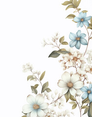 Illustration branches of white and blue wild flowers. Bouquet in pastel colors