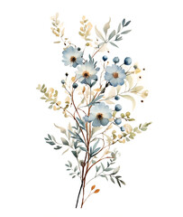 Illustration of branches blue wild flowers. Bouquet in pastel blue colors