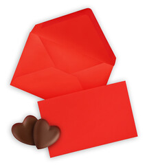 Valentine's day, gift greeting card with red envelope, letter and heart chocolates, top view, copy...