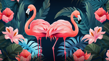 summer painting of a flamingo in the jungle - obrazy, fototapety, plakaty
