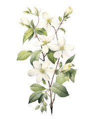 Illustration of branch white wild flowers on the white background. Bouquet in pastel color