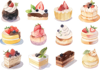 水彩で描いたいろいろなケーキのイラスト