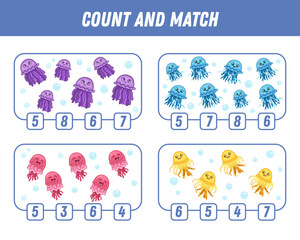 Education game for children count and match of cute cartoon jellyfish, printable worksheet. Vector