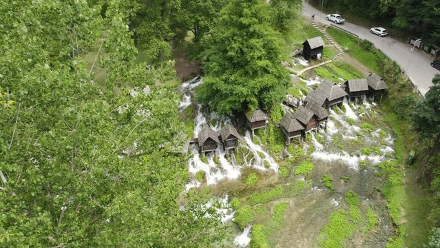 Aerial fly-over Scenic Watermills of Jajce (Mlinčići), Bosnia
