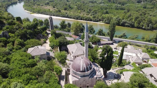 Počitelj Mosque by Neretva River view, Bosnia and Herzegovina. Aerial