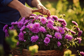 A gardener is putting Aster in a basket in the garden