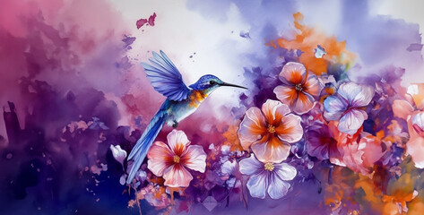 abstract watercolor background with butterflies, hummingbird blue hibiscus flowers purple art paint. Generative Ai content