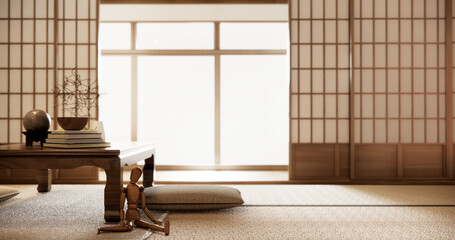 low table and pillow on tatami mat in wooden room japanese style.